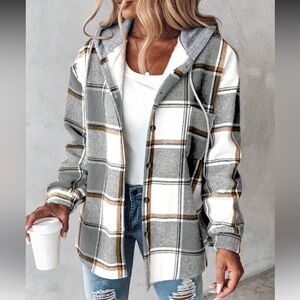 Anthropologie Grey Plaid Hooded Shacket Jacket